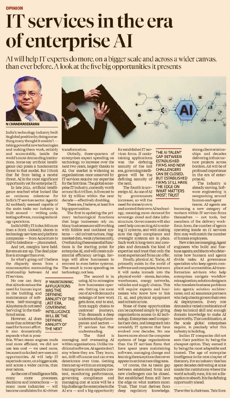 Business Standard opinion article screenshot titled IT services in the era of enterprise AI by N Chandrasekaran