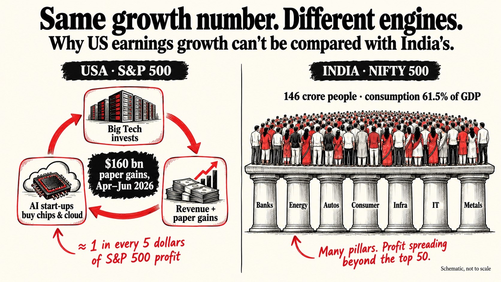 Same growth number, different engines: the US circular AI investment loop beside India's seven broad economic pillars